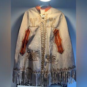 Leather Cacti-themed Embroidered Fringe Cape - Cream and Brown
